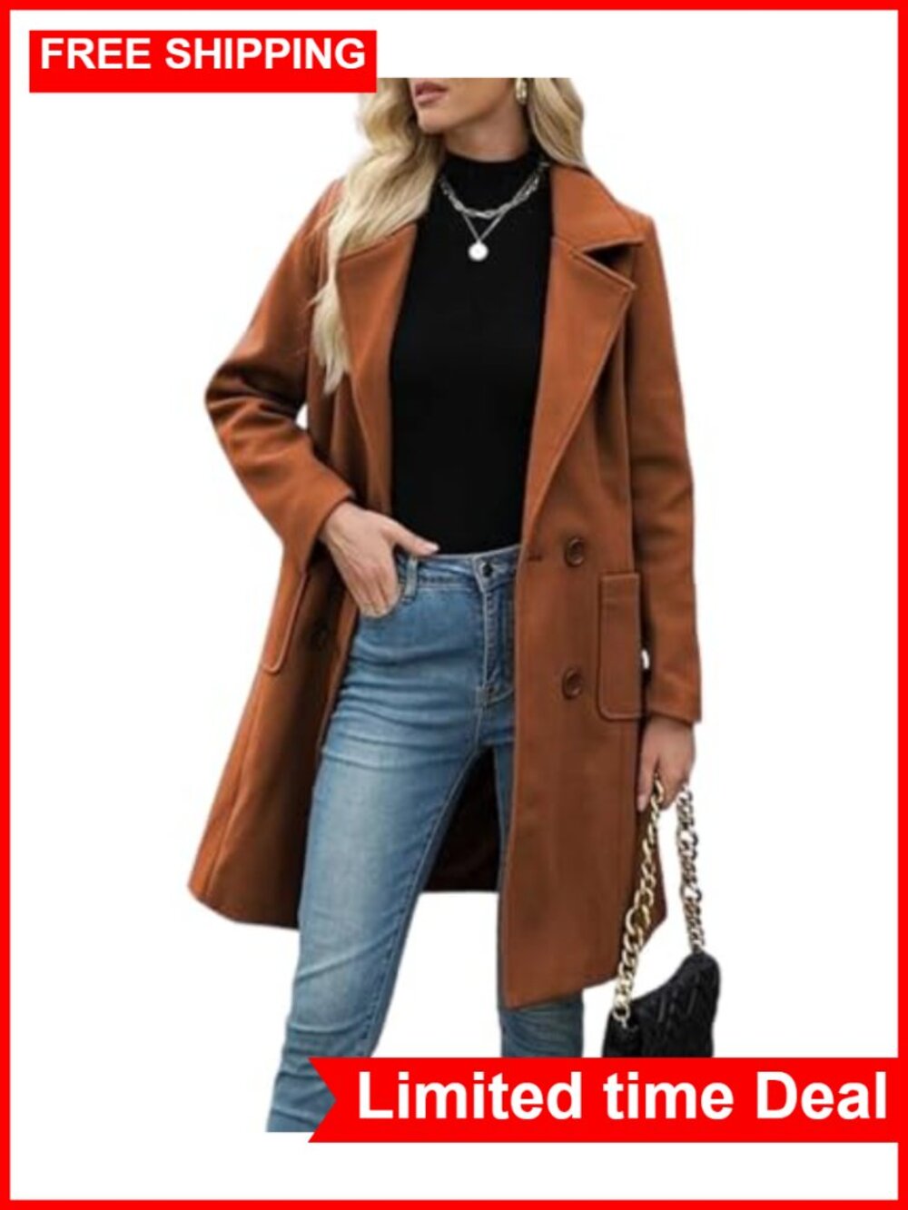 Wool Blend Pea Coat Notch Lapel Double Breasted Trench Overcoat